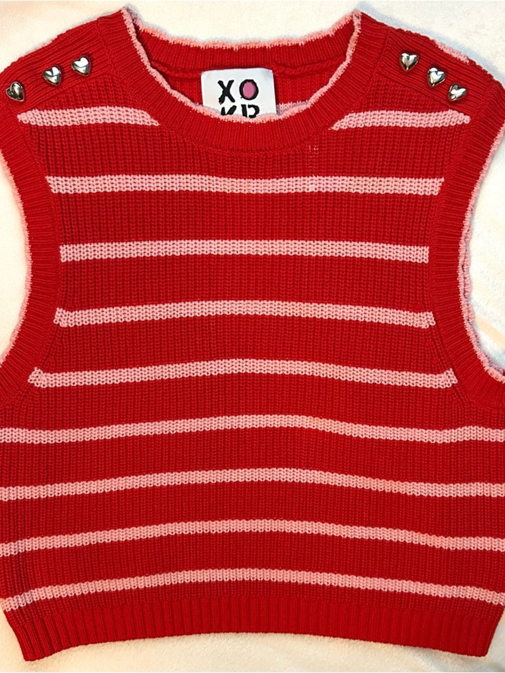 Kerri Rosenthal Anthropologie Red Pink Stripe Knit Vest L Heart Button Smiley